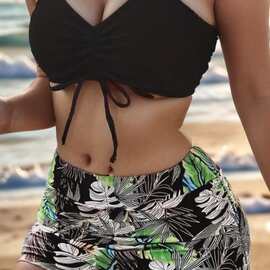 欧美爆款跨境亚马逊抽绳吊带平角分体两件套比基尼式bikini泳衣女