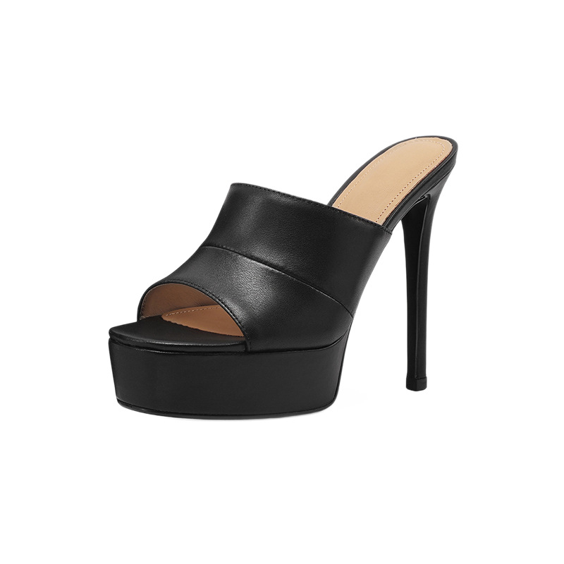 Dép sandal cao gót nữ mũi tròn đế xuồng platform da bò thật — đen