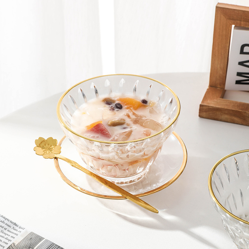 Dessert Bowl, Sugar Water Bowl, High-Looking Bird's Nest Bowl, Exquisite Internet Celebrity Glass Salad Bowl, Gold-Rimmed Set, Household Small Bowl