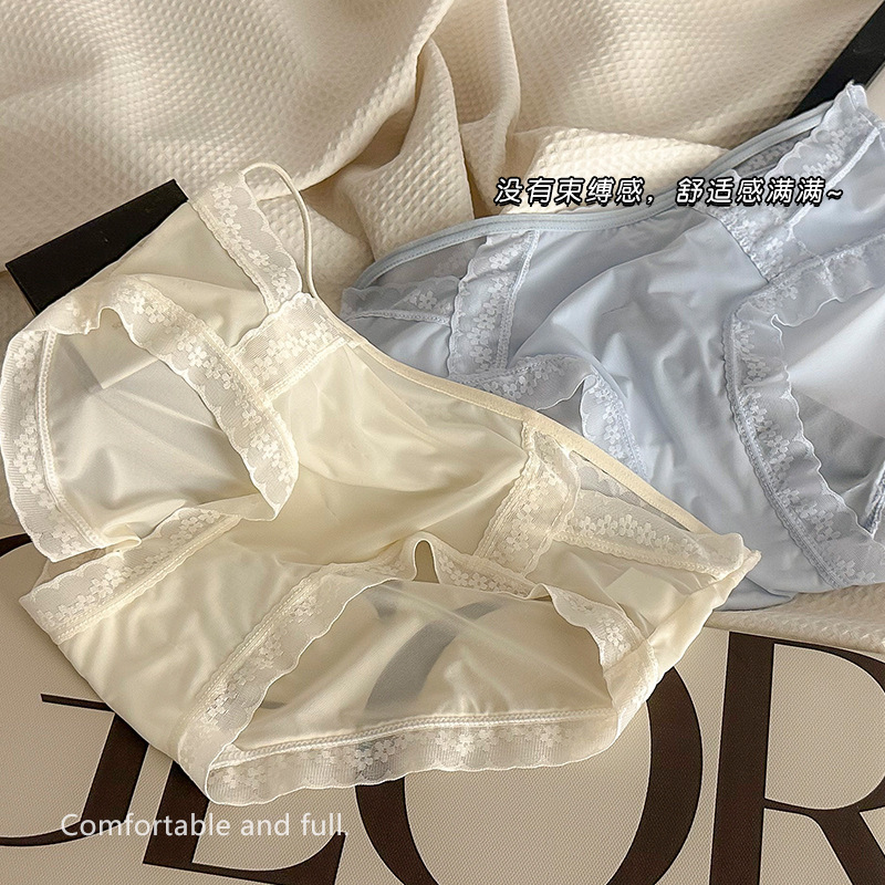 Roupa íntima feminina de renda de seda gelada de verão, roupa íntima feminina fina de algodão antibacteriano, cintura média, estilo pura luxúria, roupa íntima feminina de tamanho grande
