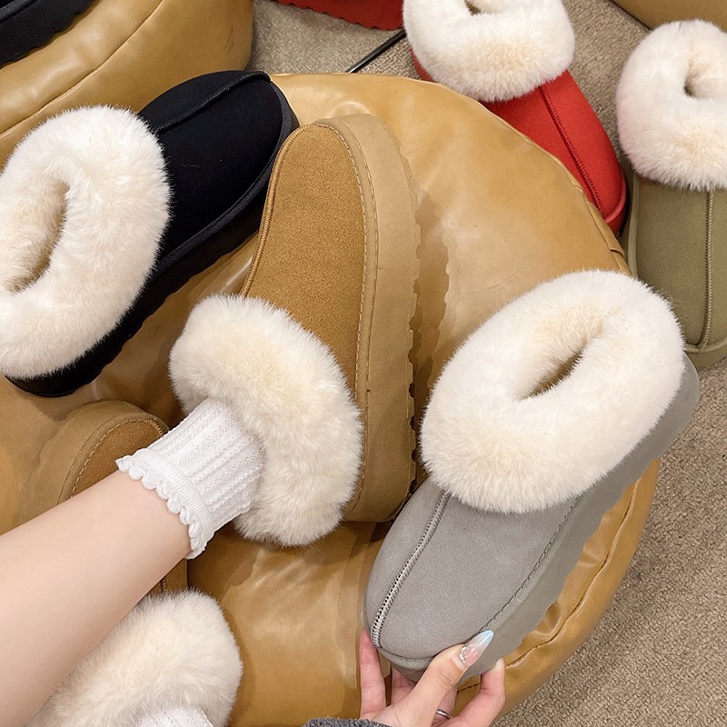 Thick soled warm snow boots women's autumn and winter round head thick warm casual mid-heel woolen shoes_voghion.com