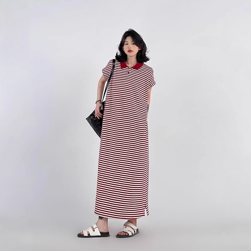 56009 # Striped Polo Collar Straight Short-Sleeved Dress for Women Summer Korean Style Lazy Style Loose Casual Long Dress