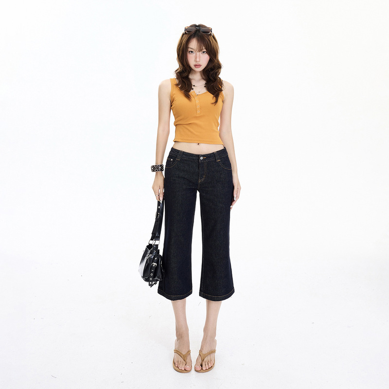Yechuan # American Retro Low-Waist Flared Pants, Slim Fit, Versatile, Cropped Pants, New Summer Style, Slightly Flared Jeans