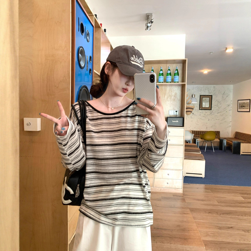 Korean Style Lazy Style Beautiful Back Cut Out Thin Long-Sleeved T-Shirt for Women Autum Casual Versatile Loose Bottoming Shirt Top