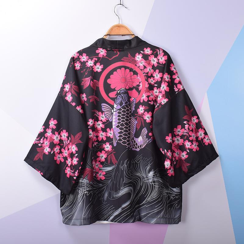 Three-quarter sleeve shirt men's loose cardigan kimono Chinese style carp robe coat Japanese retro student shirt fashion