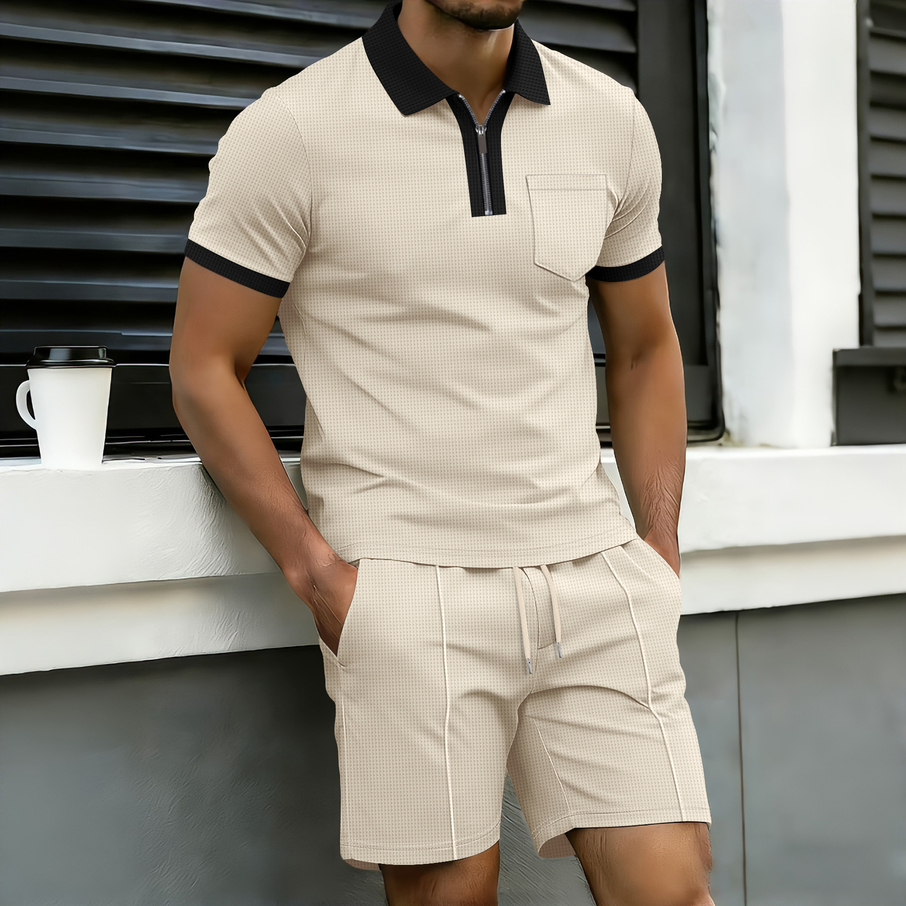 Ensemble polo et short homme en maille gaufrée color block - Style européen/américain - Polo respirant à col et manches courtes - Élégant basique en polyester_voghion.com