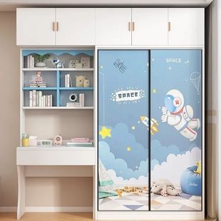 Solid Wood Wardrobe Bookcase Multifunctional Computer Desk Simple Modern Integrated Kitchen Cabinet Children's Room Cartoon sliding door Desk