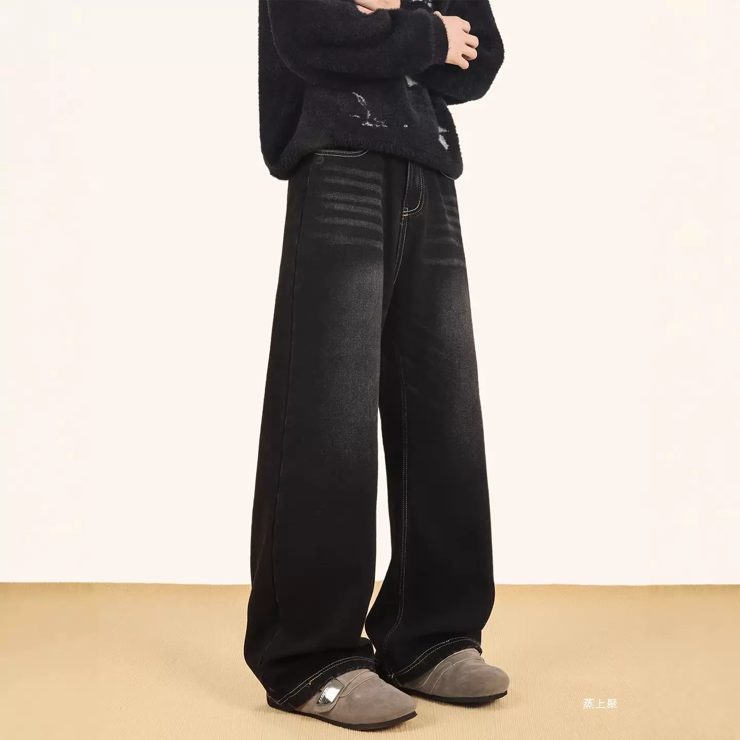 黑色加绒加厚牛仔裤男秋冬季宽松直筒阔腿裤潮牌美式复古水洗裤子