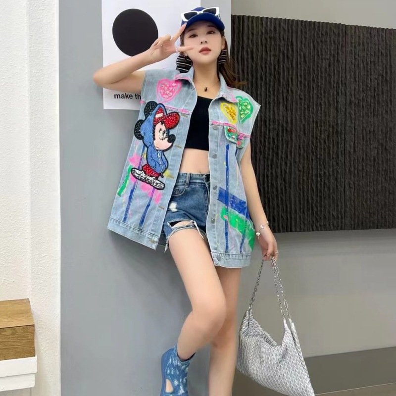 Marca de moda tailandesa 2024 primavera nueva industria pesada diamante clip de diseño esquinilla sensación de chaqueta de vaqueros sin mangas chaleco de mujer