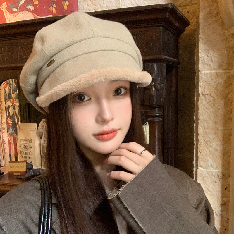 英伦风秋冬复古毛边八角帽女百搭显脸小贝雷帽韩版休闲保暖画家帽|undefined