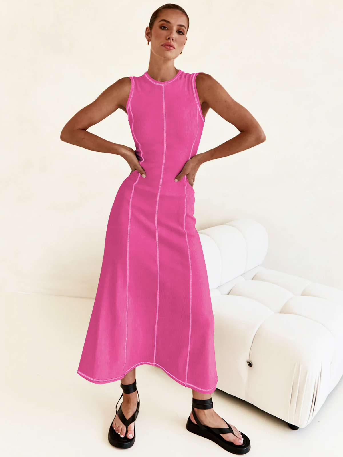 Women's Sheath Dress Streetwear Round Neck Sleeveless Stripe Solid Color Maxi Long Dress Daily display picture 14