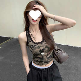 ins辣妹纯欲短款迷彩吊带背心女夏季新款无袖性感背心女上衣批发