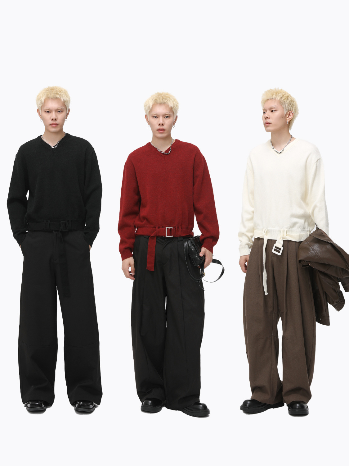 MTLCLOTHES Hombres| Nicho de ropa de diseño de cinturón de empalme de cuello V de color sólido de alta calidad suéter de punto