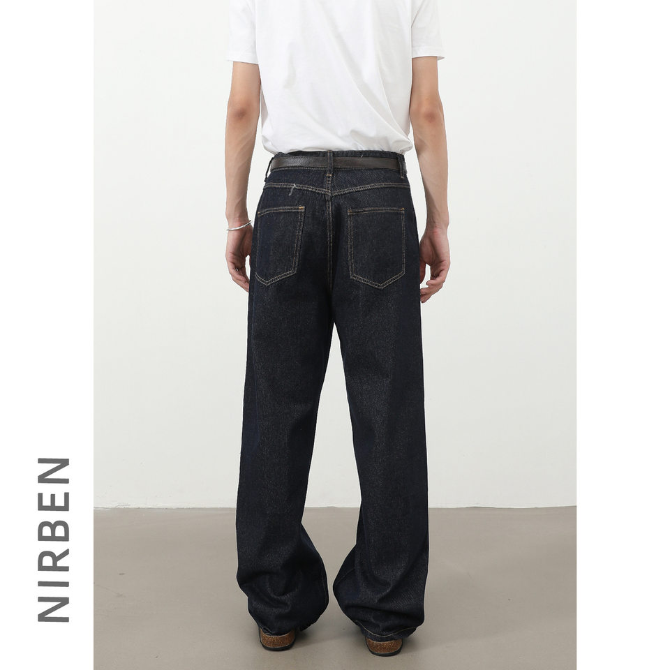 Quần jean nam ống rộng dáng suông có túi kiểu Hàn Quốc — Denim đen, màu xanh denim