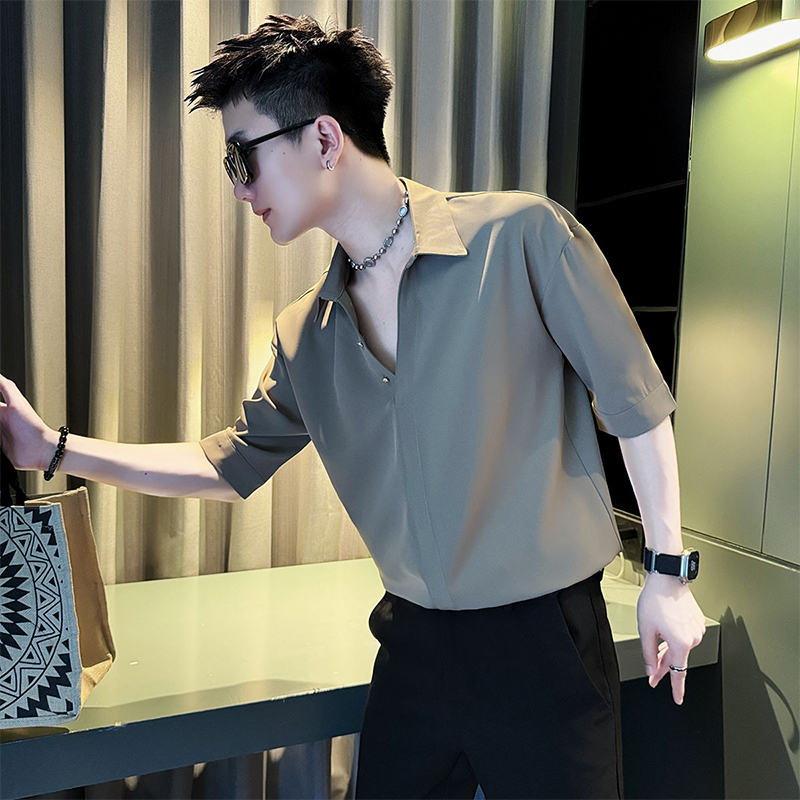 V-Neck Polo Shirt Men's Handsome Shirt Short-Sleeved Men's Summer Ice Silk 2025 New High-End Three-Quarter Sleeve T-Shirt