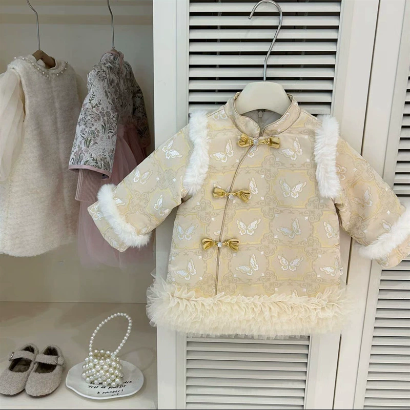 [Sweet Little Chef] Новое осенне-зимнее новогоднее платье для девочек в китайском стиле, золотистая стеганая сетчатая юбка, винтажное платье-ципао, модное