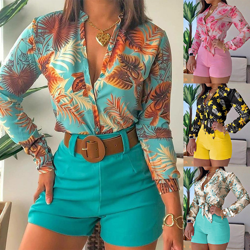 Long-Sleeved Floral Print Shirt & Shorts Set NSXPF103325