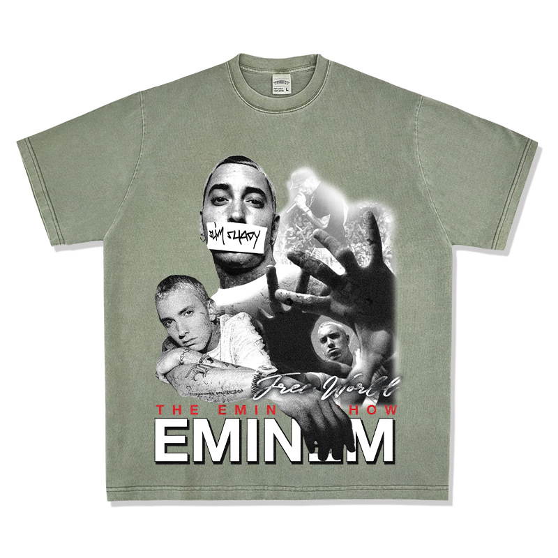 エミネムeminemプリントアメリカンヒップホップストリート長袖半袖レトロ水洗いオールドファッションtシャツ