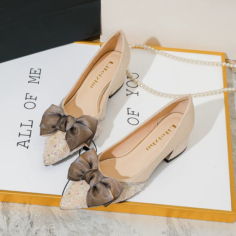 Французский стиль блестящие банты kitten heels, женская обувь высокого качества, тренд 2024, черный/абрикос, EU 35-43