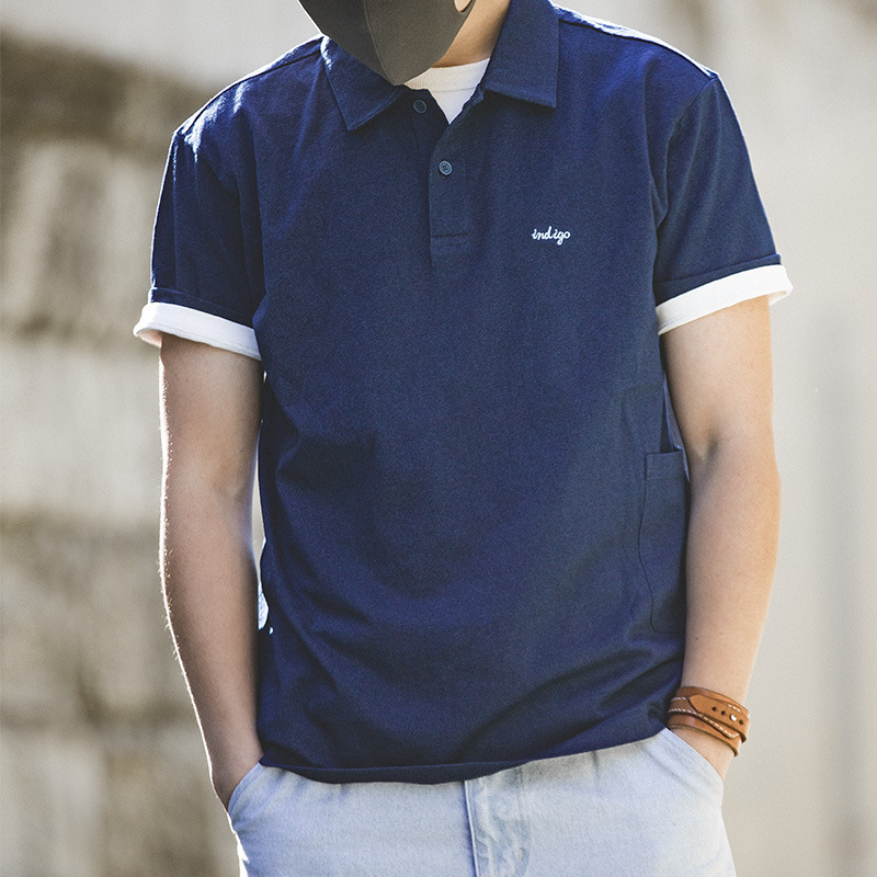 Madden Tooling Vintage Blue Dye Lassel Polo Shirt T-Shirt Klein Blue Short-sleeved Base Shirt for Men Summer