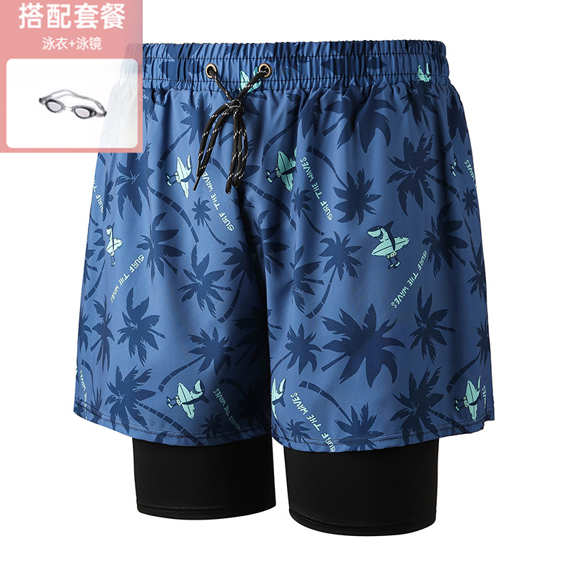 Blue Leaves 001-2 Men's Swimming Trunks with Goggles