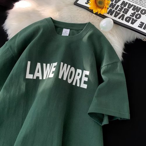 Red Wine American Retro Letter Print Short-Sleeve T-Shirt for Women Summer Loose Oversize Trendy Brand Half-Shirt Top