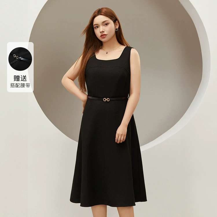 Полноцветное шоу большой размер женской одежды высокого уровня темперамента, тонкая талия с квадратным воротником без рукавов платье жирный mm2024 осенний новый