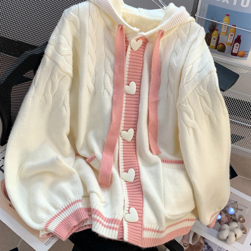秋冬の女性用レイジースタイルフード付きセータージャケット、ゆったりとしたデザイン、甘い年齢を軽減するニットカーディガントレンド|undefined