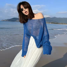 夏季新品日系ins海边度假风百搭简约镂空轻薄微透长袖针织衫女