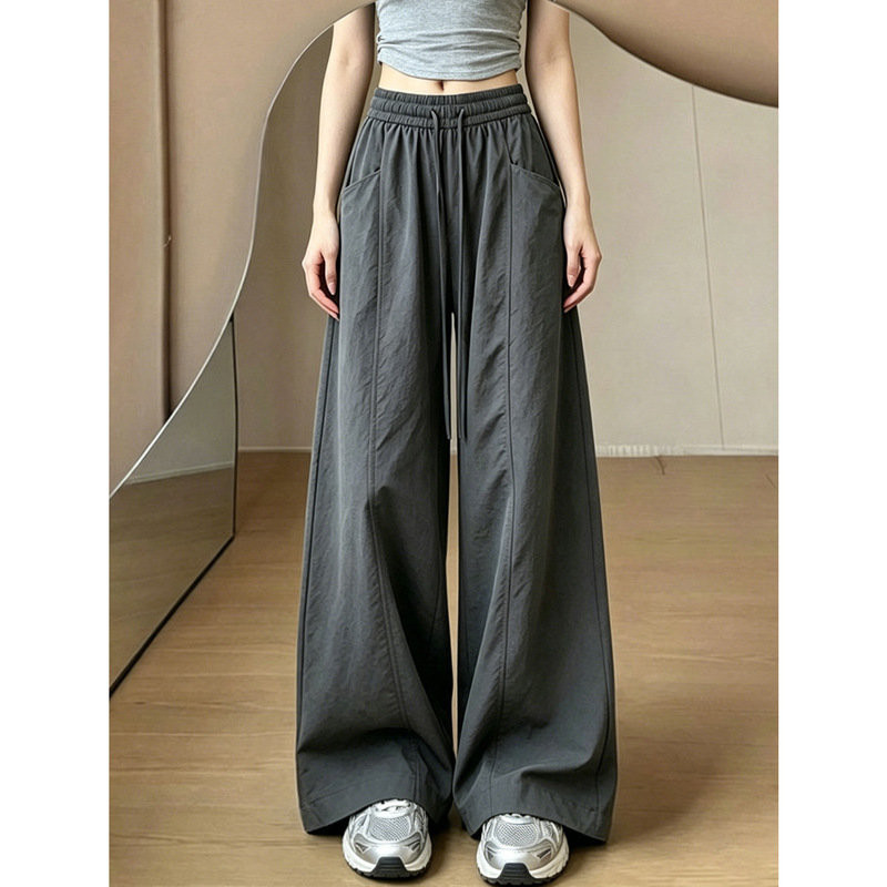 Dark gray high-waisted quick-dry curved hem sports pants for women, new autumn style, loose and slimming casual pants, straight-leg drapey wide-leg pants Dark gray high-waisted quick-dry curved hem sports pants for women, new autumn style, loose and slimming casual pants, straight-leg drapey wide-leg pants