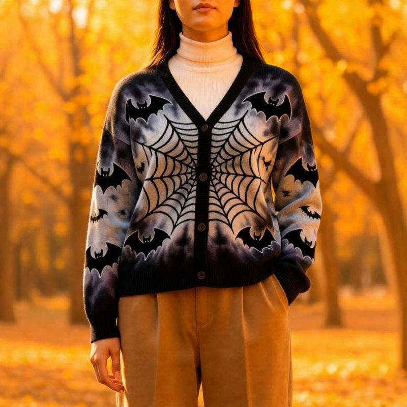 Cross-border European and American new 3D printed devil Halloween cardigan, trendy autumn/winter top, 360-gram knitted sweater