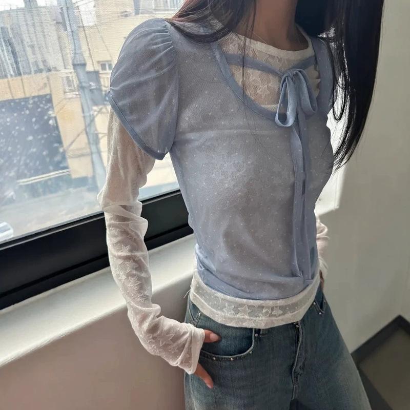 Cross-Border Summer Korean Cute Design Polka Dot Print Mesh Short-Sleeve Halter Tie-Up Short-Sleeve T-Shirt Top Cross-Border Summer Korean Cute Design Polka Dot Print Mesh Short-Sleeve Halter Tie-Up Short-Sleeve T-Shirt Top