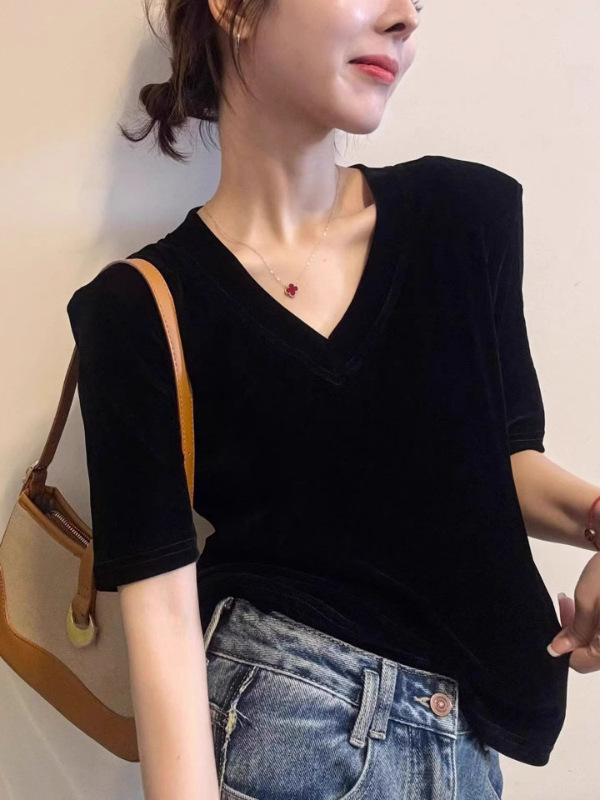 金丝绒垫肩短袖T恤女欧洲站2025早秋新款欧货女装修身打底小衫潮|undefined