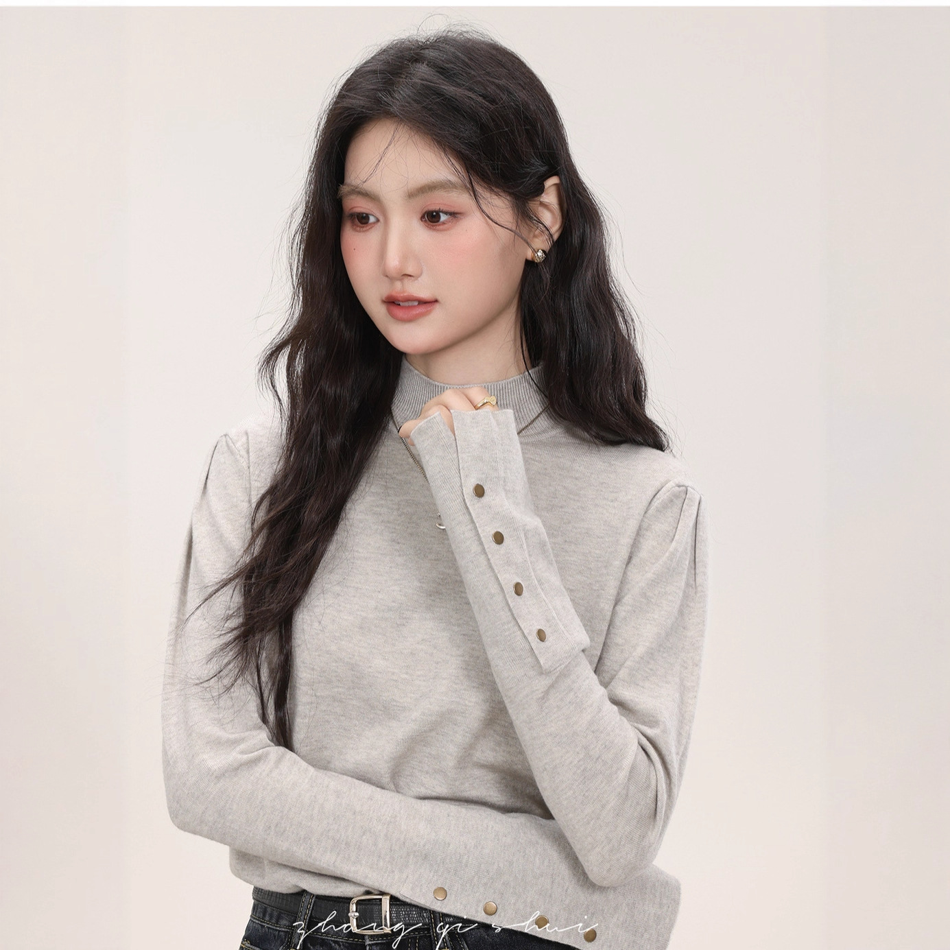 睛雅《灰色物语》秋冬穿搭新款半高领打底针织衫女独特内搭上衣