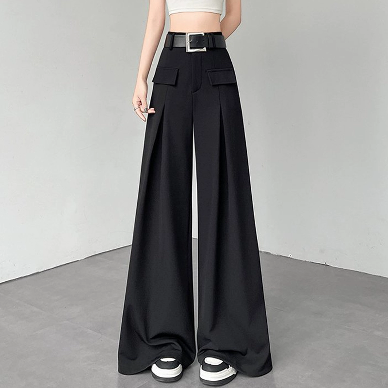 Черные широкие брюки для женщин, лето 2025, новый стиль, драпированные брюки с высокой талией, утягивающие свободные брюки длиной до пола