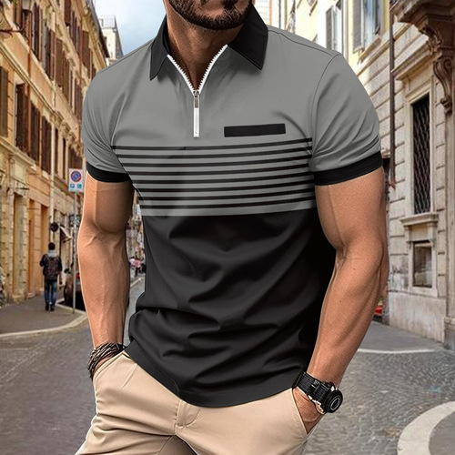 Summer New Men's 3D Printed Striped Zipper Polo Shirt Casual Trendy Polyester Short Sleeve Plus Size T-Shirt