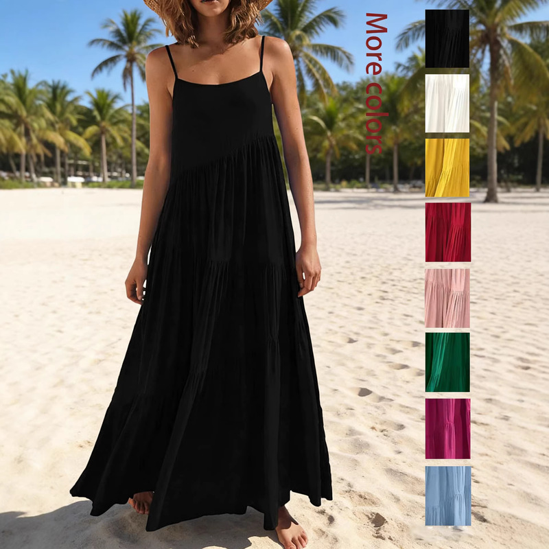 2026 Amazon Cross-Border Summer European Women's Loose Solid Color Pleated Irregular Dress Beach Strap Long Dress