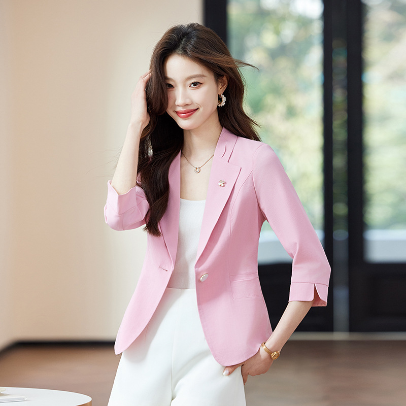 粉色七分袖小西装外套女新款春夏秋季韩版甜美时尚休闲显瘦通勤