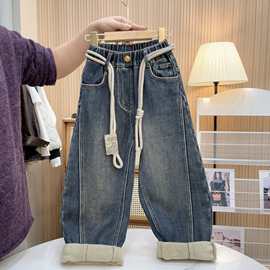 【加绒】~男童秋冬韩版百搭慵懒设计款潮流个性牛仔裤骆驼毛