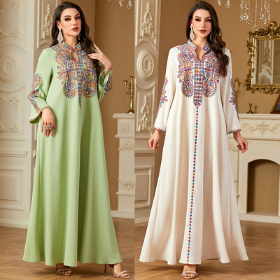 4221中东跨境长袍穆斯林优雅珠片刺绣连衣裙阿拉伯迪拜新款长裙|ms