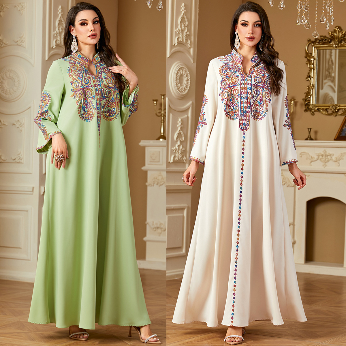 4221中东跨境长袍穆斯林优雅珠片刺绣连衣裙阿拉伯迪拜新款长裙|ms