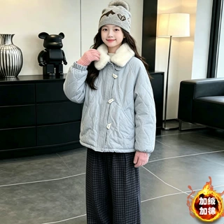 女童加绒棉衣外套2026新款冬装儿童超好看洋气牛角扣加厚保暖棉服
