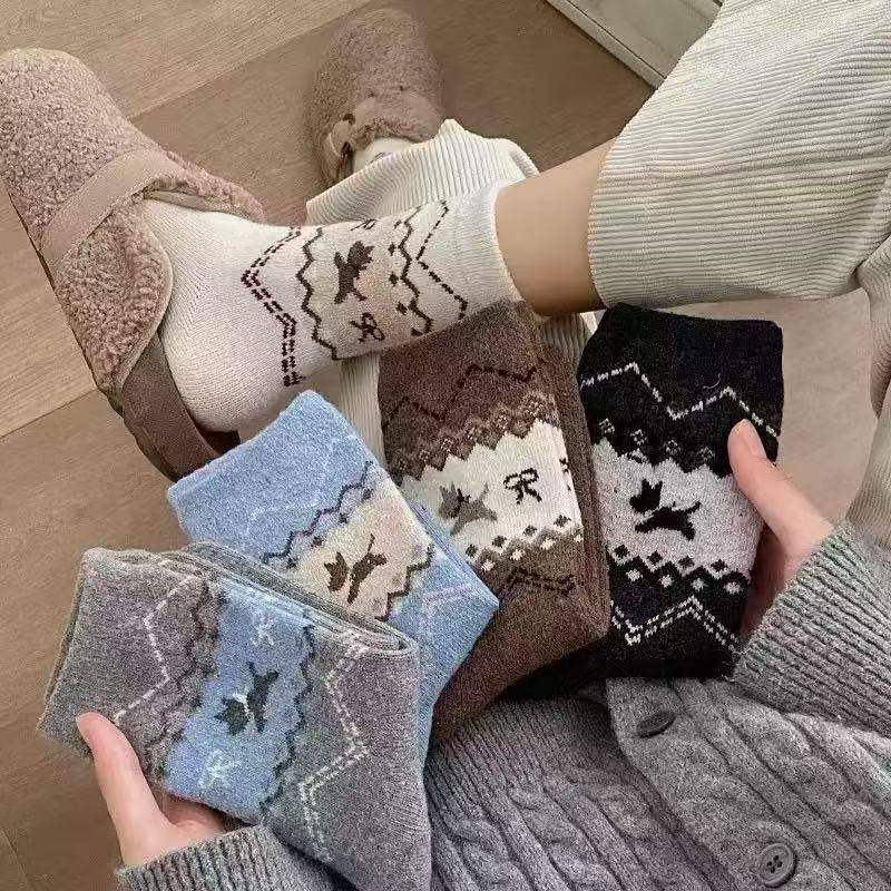 Fair Isle Style Casual Dog Socks Autumn and Winter Thick Warm Mid-Calf Socks Long Socks Slouch Socks Cute Sweet Women's Socks