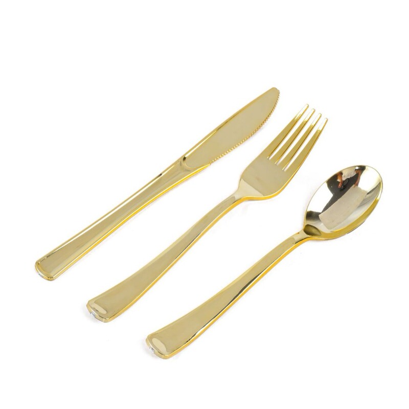 Rose Gold Plastic Knife, Fork and Spoon Plate Golden Fork Disposable Knife, Fork and Spoon Set Western Food Golden Tableware Three-piece Set Batch