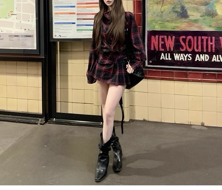Suuuicee 贝克街魔女 复古格纹立领设计长袖连衣裙单排扣辣妹短裙|undefined