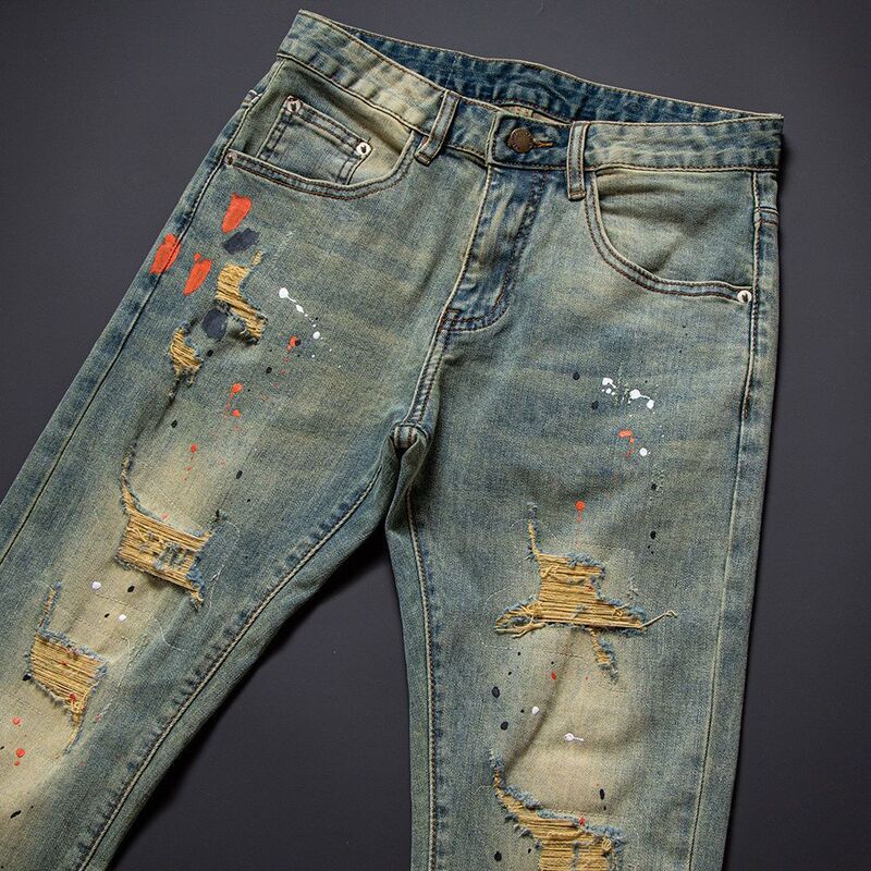 Korean Style Trendy Slim-Fit Stylish Men's Skinny Jeans with Splatter Paint and Ripped Design, Popular Casual Brand, Cropped Length Korean Style Trendy Slim-Fit Stylish Men's Skinny Jeans with Splatter Paint and Ripped Design, Popular Casual Brand, Cropped Length