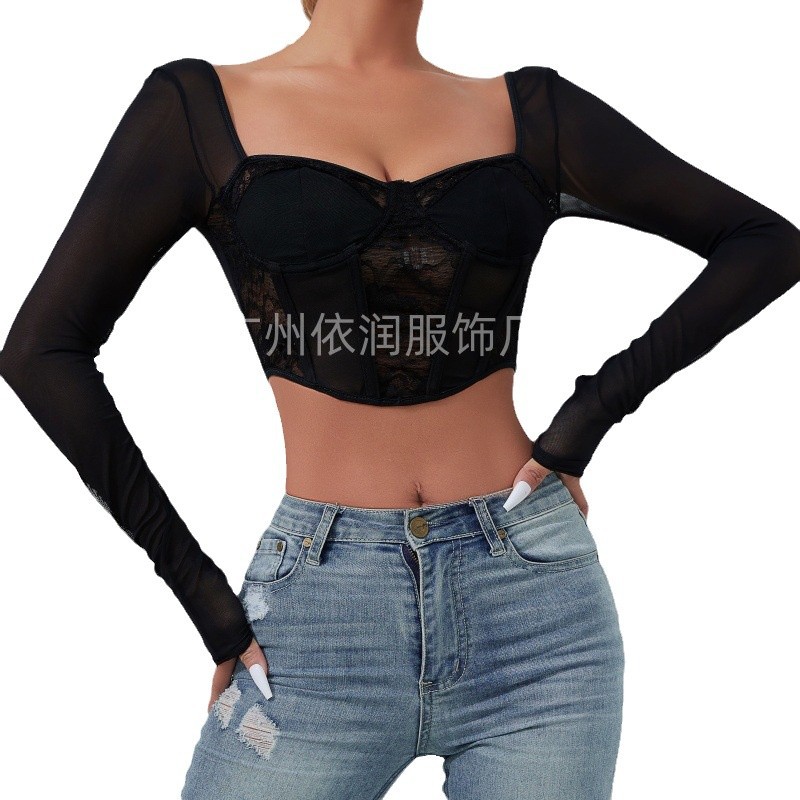 Ropa de estilo urbano para otoño e invierno, top de manga larga con cuello cuadrado, ajustado, de encaje y malla, estilo europeo y americano, sexy y a la moda. image 5