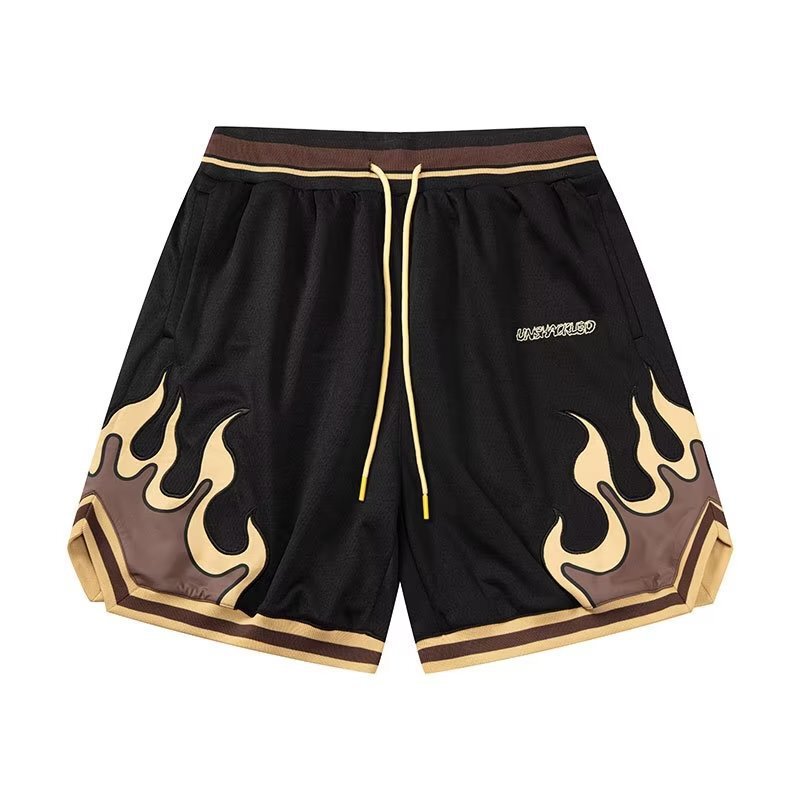 2024 Spring and Summer American Flame Series Mesh Shorts Men's Yahan Heavy Craft Quick-drying Sports Basketball Pants Treatment