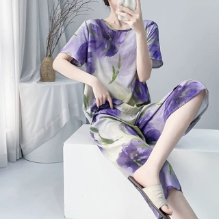 棉绸睡衣女款2026新款宽松舒适人造棉短袖八分裤夏季薄款透气吸汗