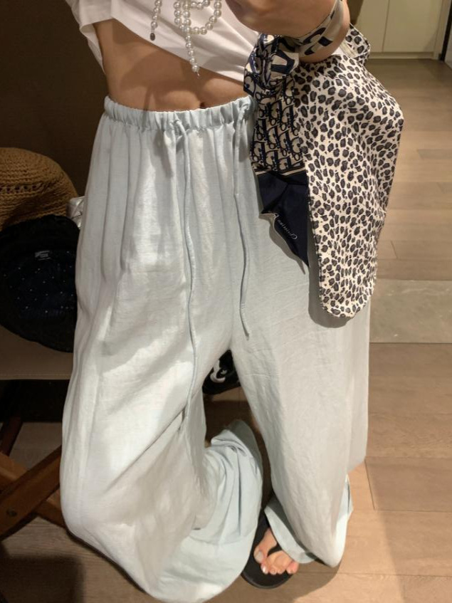 Quần culottes nữ ống rộng cạp chun rút dây chất liệu linen phối tencel dáng dài mùa hè — màu đen, Trà trắng, xanh lam